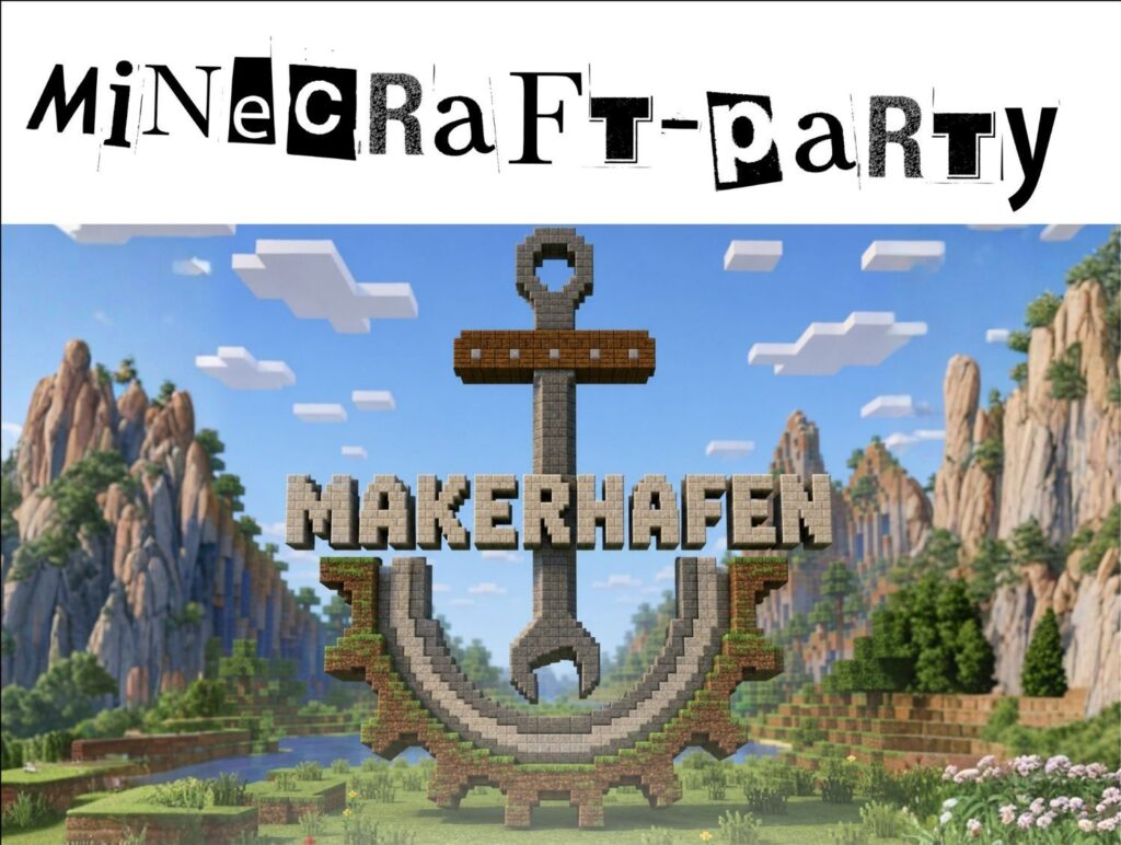 Logo mit Schriftzug "Makerhafen", gebaut in Minecraft